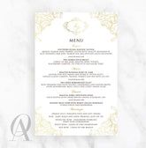 Regal wedding menu card with an elegant border in gold foil print